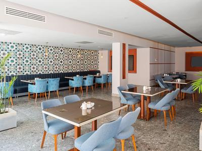 Salle à manger moderne avec des chaises bleues, un mur coloré et des décorations de table.