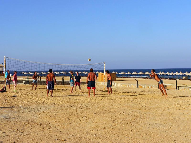 People play beach volleyball on sandy shore with blue sea and clear sky in the background.