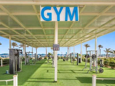 Espace gym couvert en plein air avec diverses machines d'exercice et sol vert