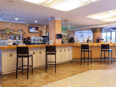 Moderner Hotelbarbereich mit Holztheke, Hockern und gut bestücktem Spirituosenregal im Hintergrund.