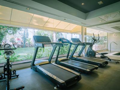 Moderne Fitnessgeräte vor großen Fenstern mit Blick auf einen grünen Garten im Fitnessraum.