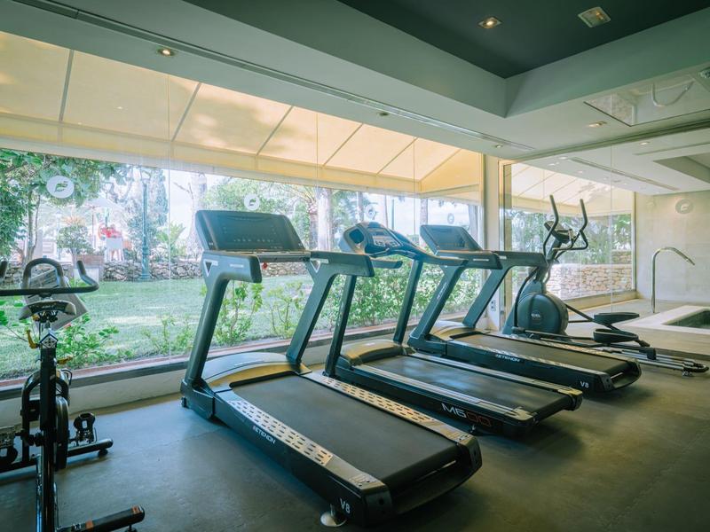 Moderní posilovna s běžeckými pásy před velkým oknem s výhledem do zahrady.