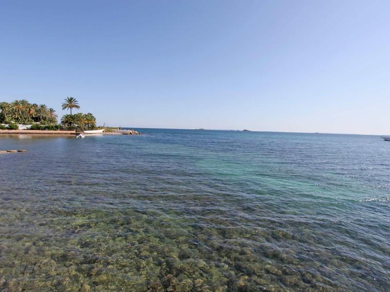 Klares Meer mit sichtbarem Meeresgrund, bewachsene Küste links und blauem Himmel ohne Wolken.