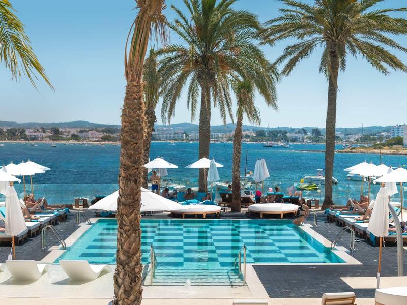 Area piscina con palme e vista mare, lettini e ombrelloni sulla costa.