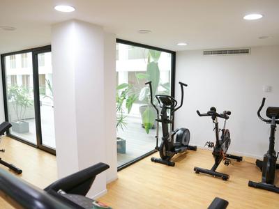 Modern gym with cardio equipment and large windows letting in ample natural light.