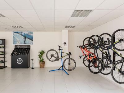 Innenansicht von Fahrradgeschäft mit ausgestellten Fahrrädern und Zubehör in einem hellen Raum.