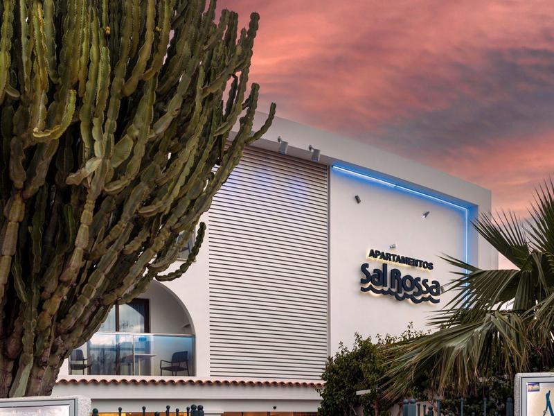 Budynek hotelu o zachodzie słońca z dużym kaktusem i tropikalną roślinnością na pierwszym planie.