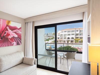 Helles Wohnzimmer mit grauem Sofa, Blumenbild an Wand, Balkon mit Stühlen und Blick auf Wasser und Gebäude.