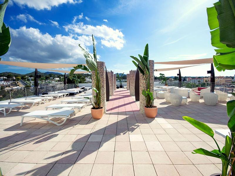 Duży taras słoneczny z leżakami i roślinami w pełnym słońcu.