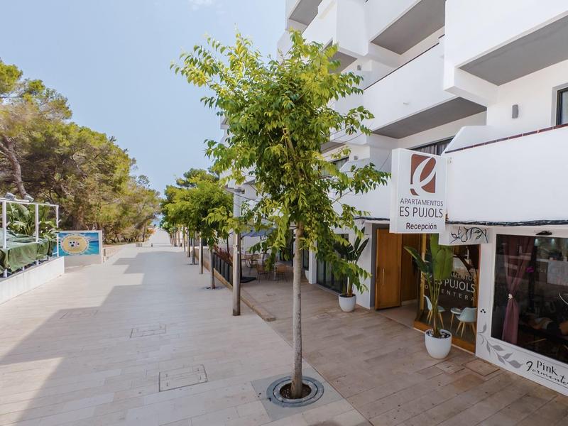 Brede stoep met bomen en ingang naar een restaurant naast een hotelgebouw