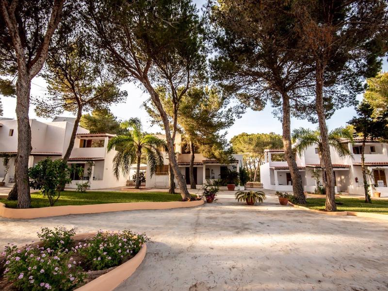 Edificios de hotel encalados con palmeras y otros árboles en un terreno soleado.