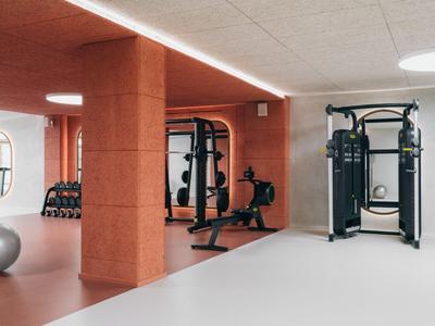 Moderne fitnessruimte met krachtapparatuur, halters en grote spiegelwand in warme sfeer.
