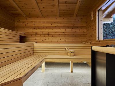 Interieur van een houten sauna met bank en raam met uitzicht naar buiten.