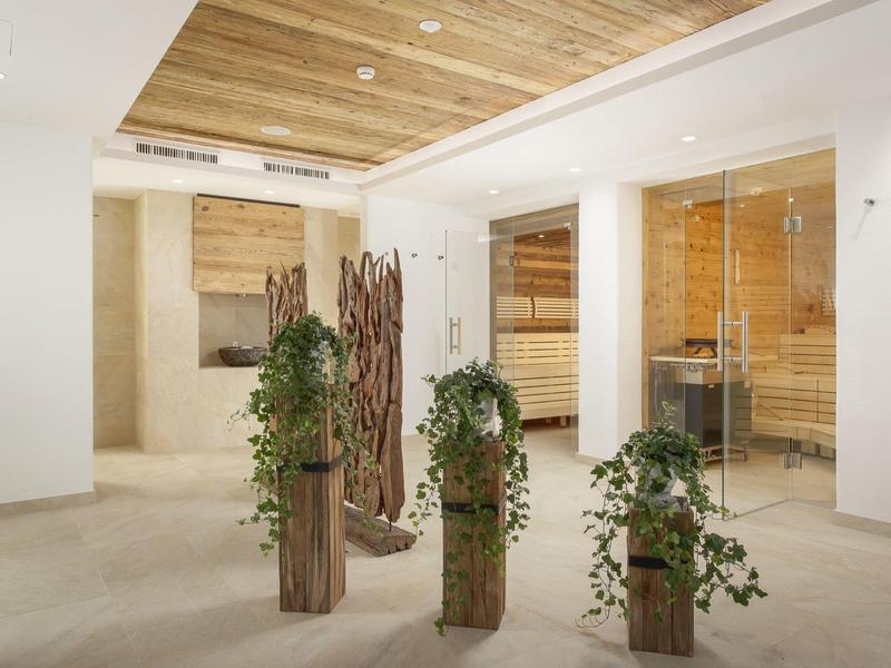 Pasillo luminoso con techo de madera y plantas decorativas en macetas de madera junto a paredes de vidrio.