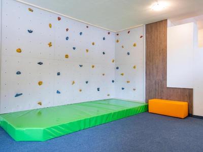 Climbing wall in a room with green safety mat and orange cushion on the floor.