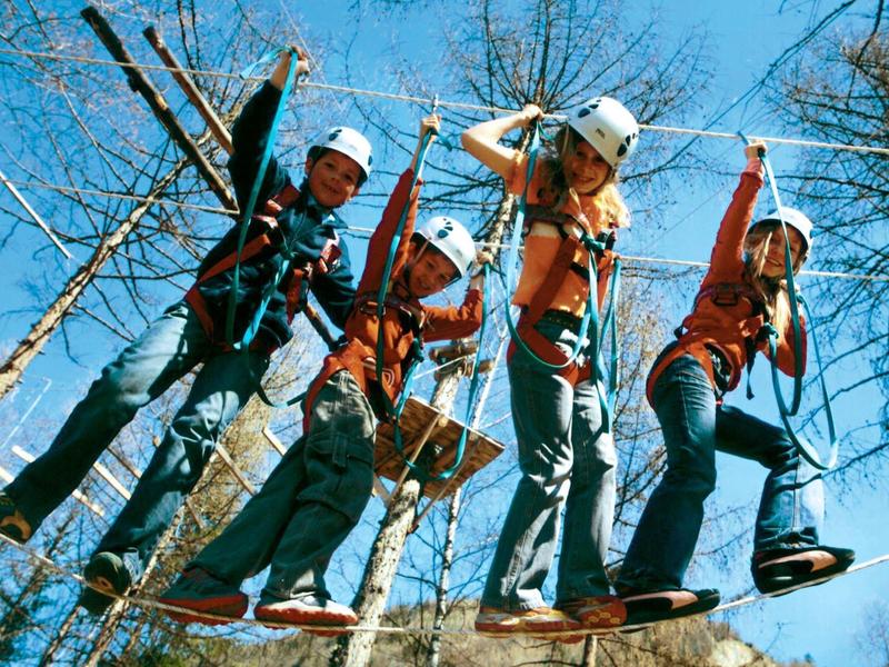 Vier Personen mit Helmen balancieren auf einem schmalen Holzsteg im Wald bei klarem Himmel.