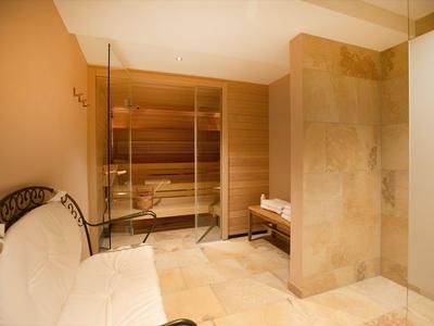 Espace bien-être moderne avec sauna, douche et coin salon confortable.