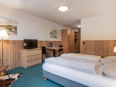 Doppelzimmer mit zwei Betten, Holzpaneelen, Schreibtisch, TV, blauer Teppich und Stehlampe.