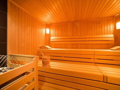 Sauna mit heller Holzverkleidung, mehrstufigen Sitzbänken und Saunaofen mit Steinen.