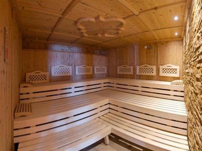 Innenraum einer Sauna mit Holzbänken und Wandverkleidung aus Holz und Stein.