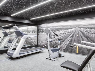 Moderner Fitnessraum mit Laufbändern, Fahrradergometer und Trainingsgeräten, dekoriert mit Landschaftsfoto.