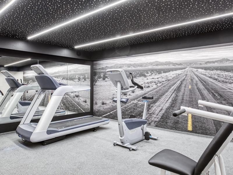 Moderner Fitnessraum mit Laufbändern, Fahrradergometer und Trainingsgeräten, dekoriert mit Landschaftsfoto.