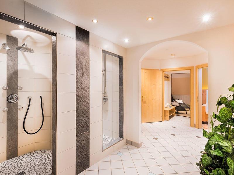 Modern hotel shower with glass partition and light tiles in hallway next to green plant