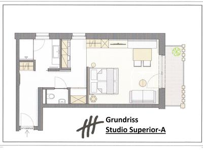Floor plan of Studio Superior-A with kitchenette, bedroom, bathroom, and balcony.