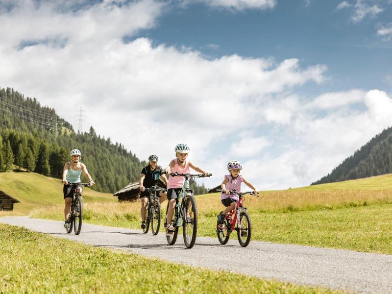 Vier Personen fahren mit Fahrrädern auf einem schmalen Weg in einer grünen Gebirgslandschaft.