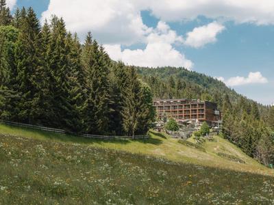 Hotel liegt am Hang umgeben von grünen Wiesen und dichtem Nadelwald unter blauem Himmel.