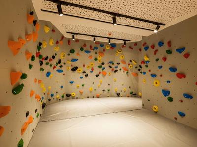 Boulderraum mit bunten Klettergriffen an den Wänden und weichem Bodenbelag.