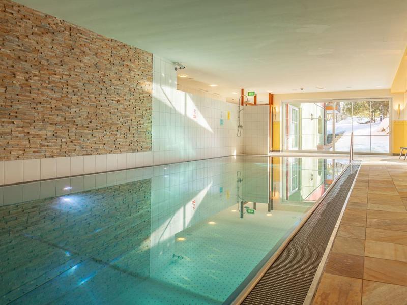 Moderner Innenpool mit hellen Fliesen, einer Steinwand und großem Fenster für Tageslicht.