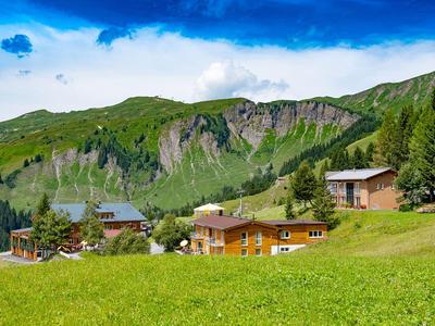 Grüne Wiesen mit mehreren Holzhäusern und bewaldeten Bergen im Hintergrund bei blauem Himmel.