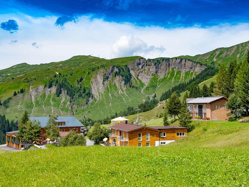 Grüne Wiesen mit mehreren Holzhäusern und bewaldeten Bergen im Hintergrund bei blauem Himmel.