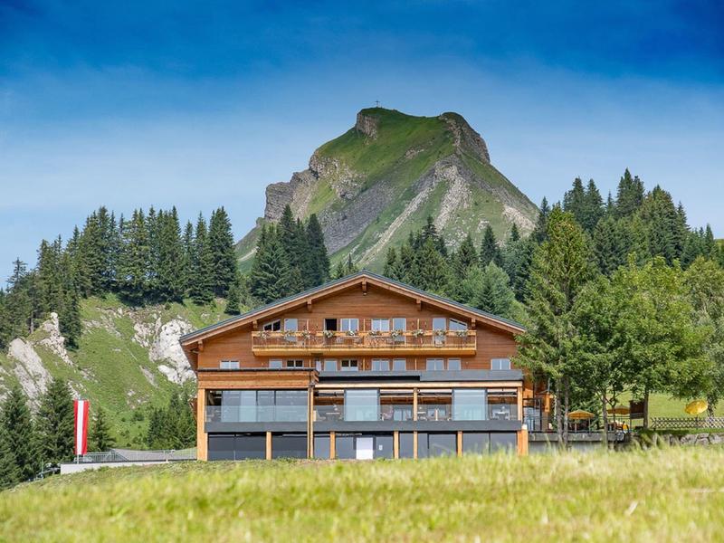 Holzhaus mit Terrasse vor bewaldetem Berg unter blauem Himmel und grüner Wiese im Vordergrund.