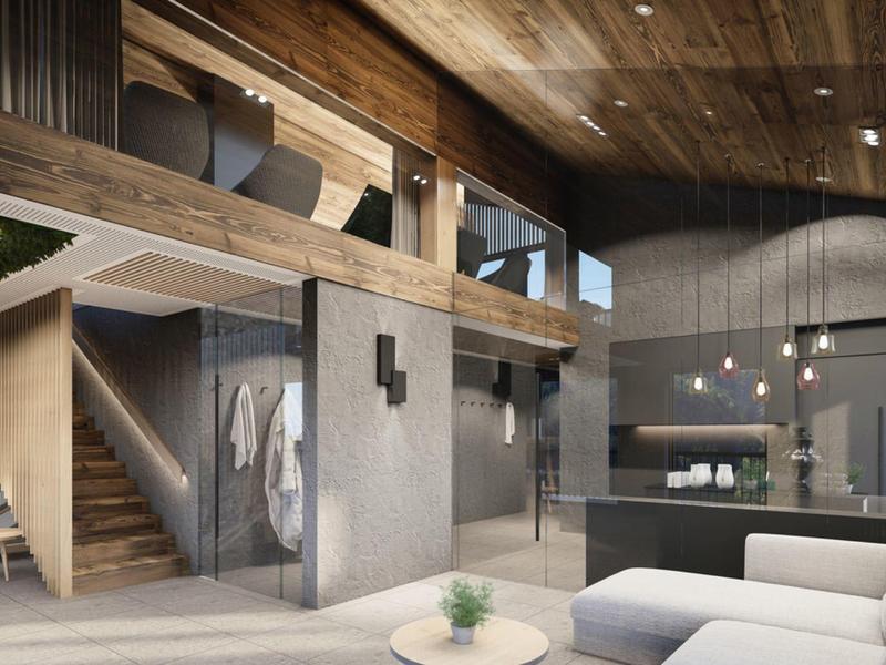 Moderner Wohnraum mit großer Glaswand, Holzdecke, Treppe und gemütlichen Sofas in hellem Ambiente.