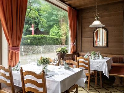 Przytulna restauracja z drewnianymi meblami i widokiem na ogród przez duże okna.