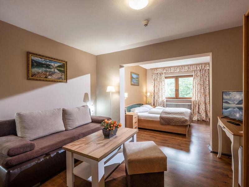 Gemütliches Hotelzimmer mit Sofa, Holztisch, Bett, TV und warmem Holzfußboden.