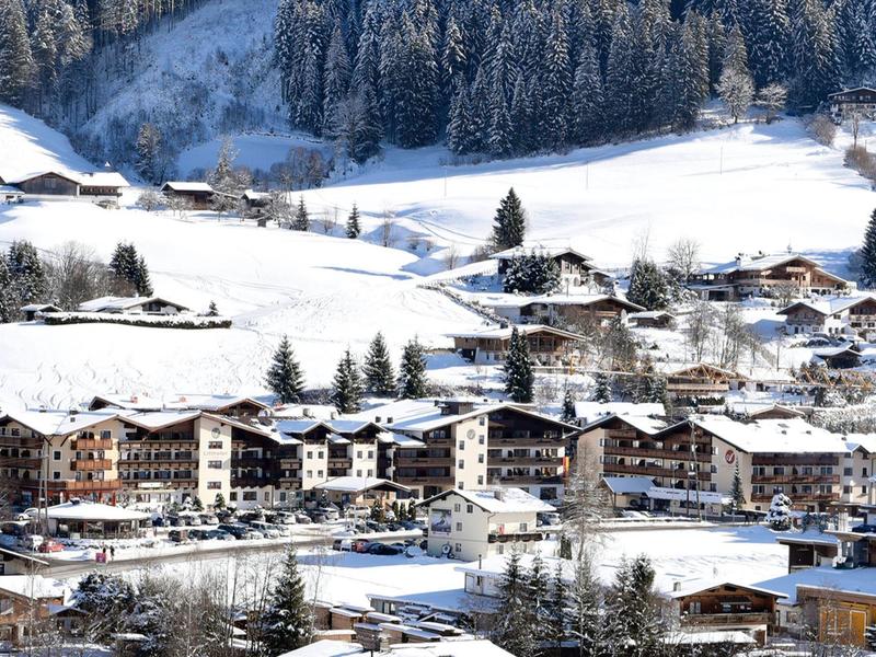 Verschneites Dorf mit Häusern und Bäumen vor bewaldetem, weiß bedecktem Hügel im Winter.