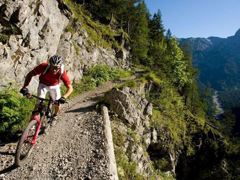 Mountainbiker fährt auf schmalem, felsigem Pfad entlang steiler Berghänge mit Tannen und Bergen.