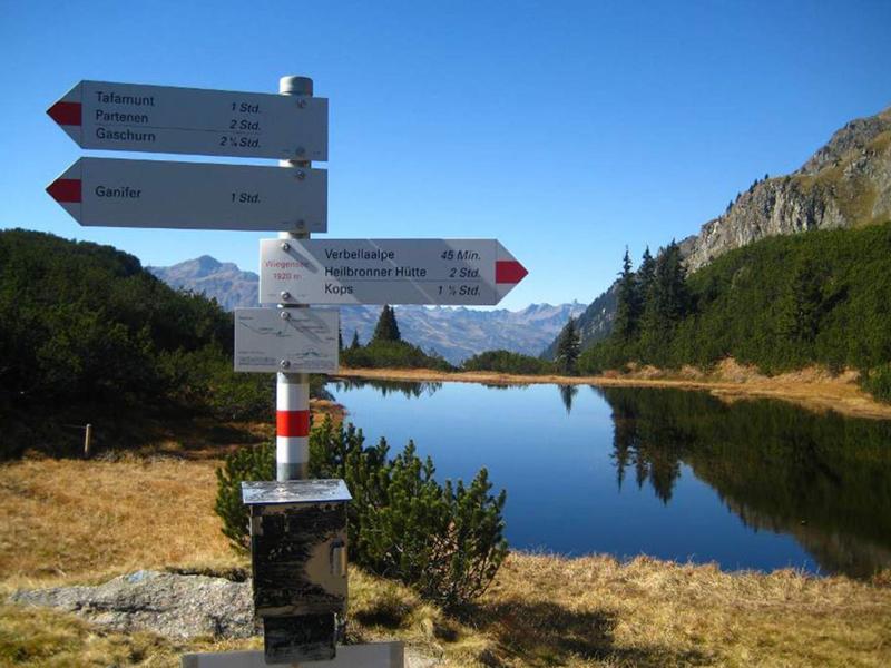 Hiking signpost by a calm lake with mountains in the background under a clear sky.
