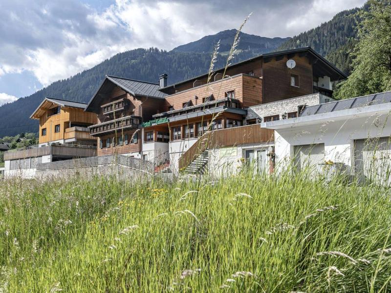 Holzhäuser am Berg, davor grünes Grasfeld, bewölkter Himmel, im Hintergrund bewaldete Berge.