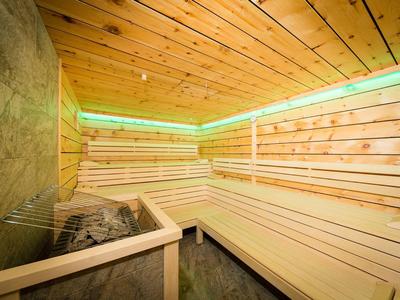 Helle Holzsauna mit Bankgestaltung, Saunaofen und grüner LED-Beleuchtung an der Decke.
