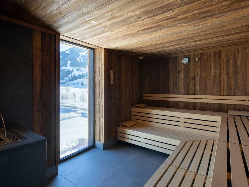 Sauna rivestita di legno con panche e porta aperta verso l'esterno innevato.