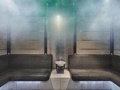 Páchnoucí sauna se dvěma tmavými dřevěnými lavicemi a vyhřívaným kamenným kamenem uprostřed.