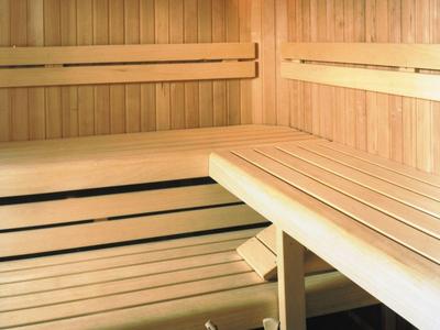 Dřevěná sauna s několika úrovněmi sezení a kbelíkem s naběračkou.