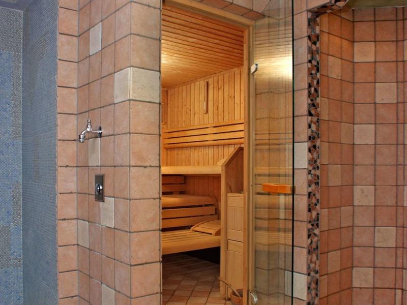 Sauna moderne avec bancs en bois et porte en verre dans un espace bien-être élégant.
