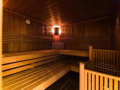 Holzsauna mit mehrstufigen Sitzbänken, Beleuchtung und einem Steinkorb für Aufgüsse.