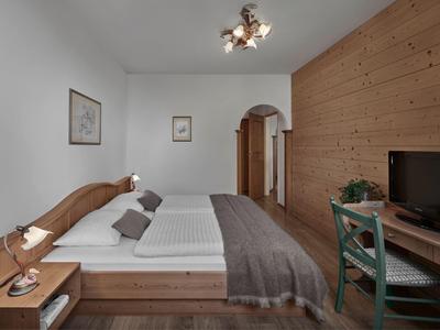 Habitación de hotel sencilla con muebles de madera, cama doble y escritorio con televisor.