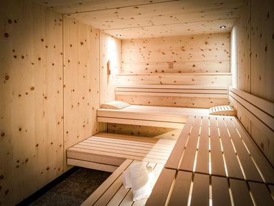 Sauna en bois clair avec bancs en bois et éclairage indirect.